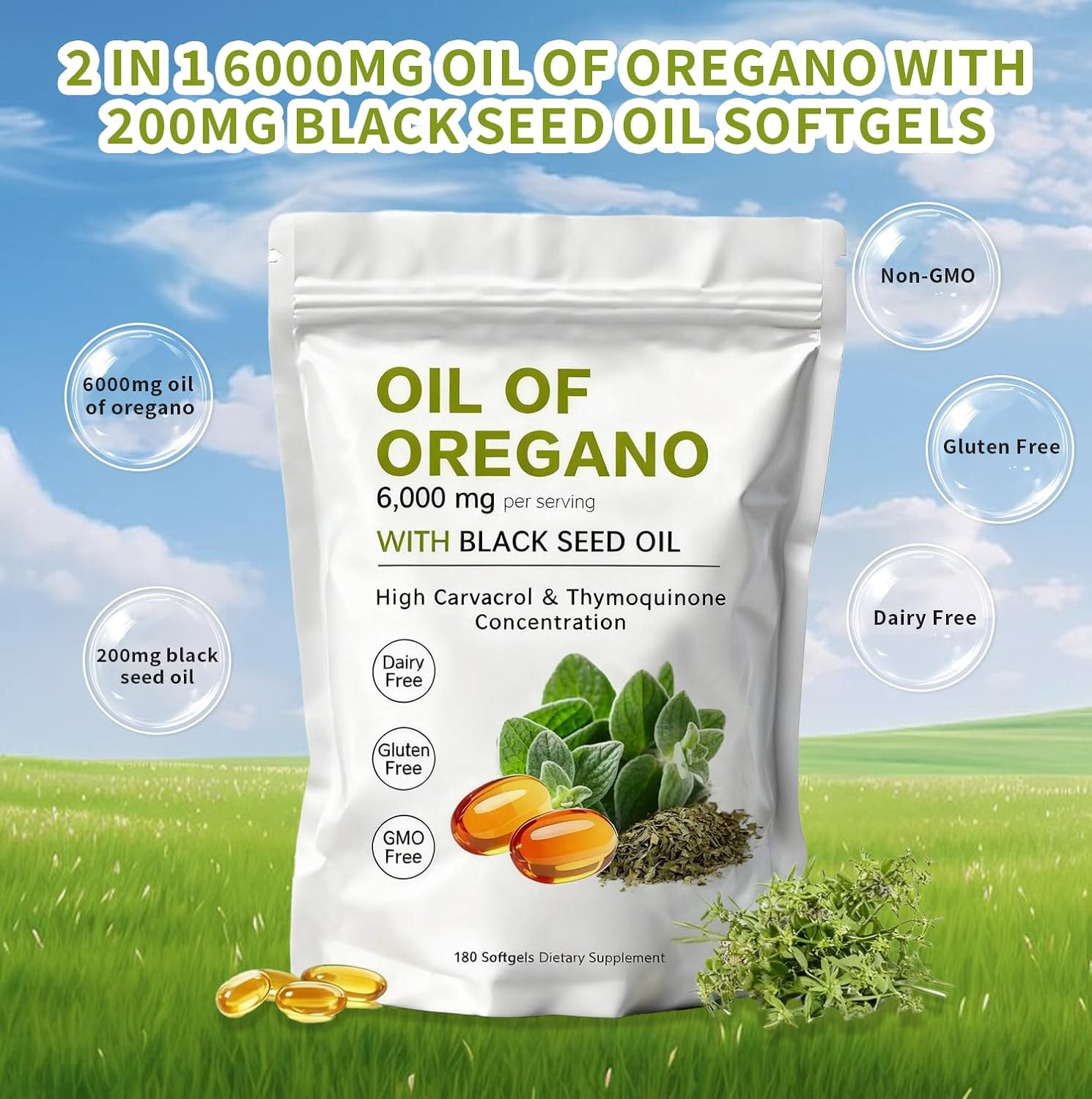 Oregano Oil Capsules - Oil of Oregano with Black Seed Oil Softgels | Non-GMO - Gluten Free - 180 Count