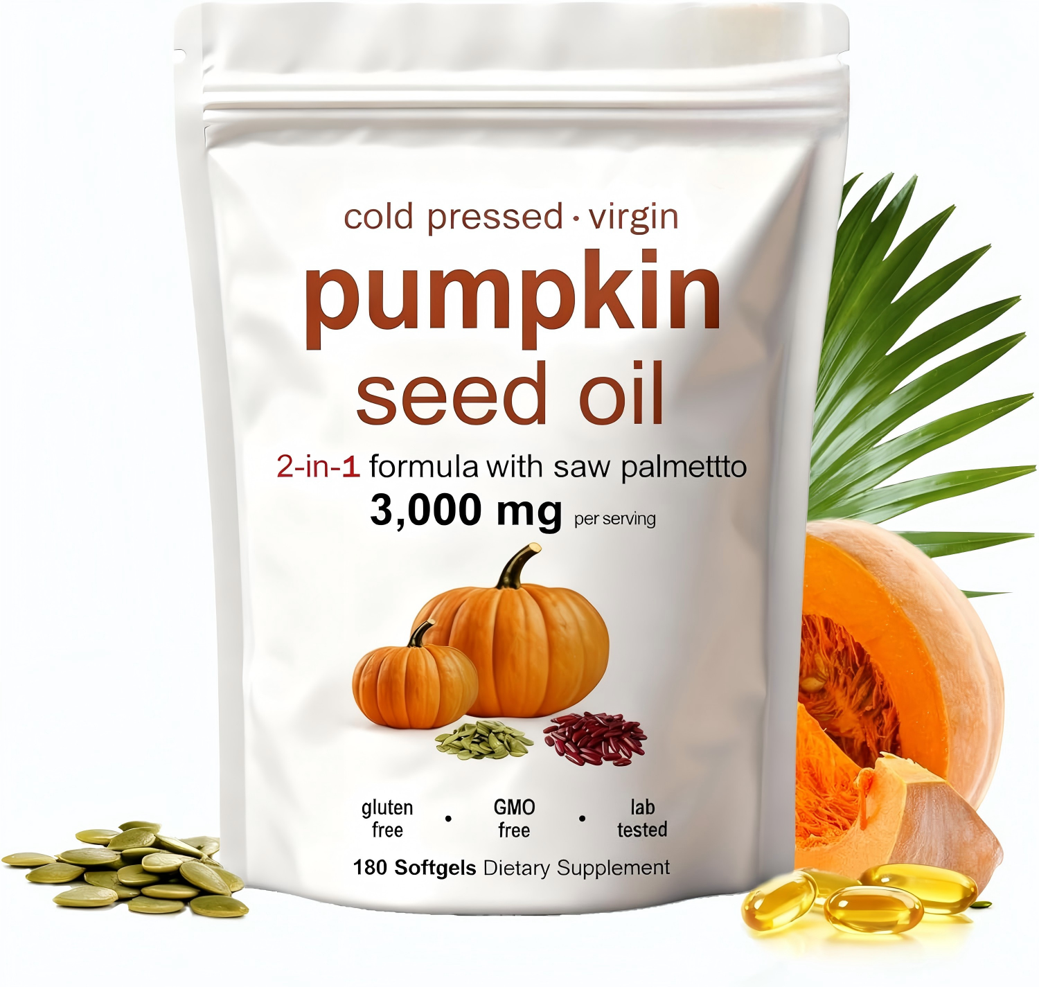 Pumpkin Seed Oil Capsules | Pumpkin Seed Oil with Saw Palmetto - Cold-Pressed | Easy-to-Swallow Softgels – Resealable Package | Non-GMO - 180 Pc/1 Bag (Z-1)