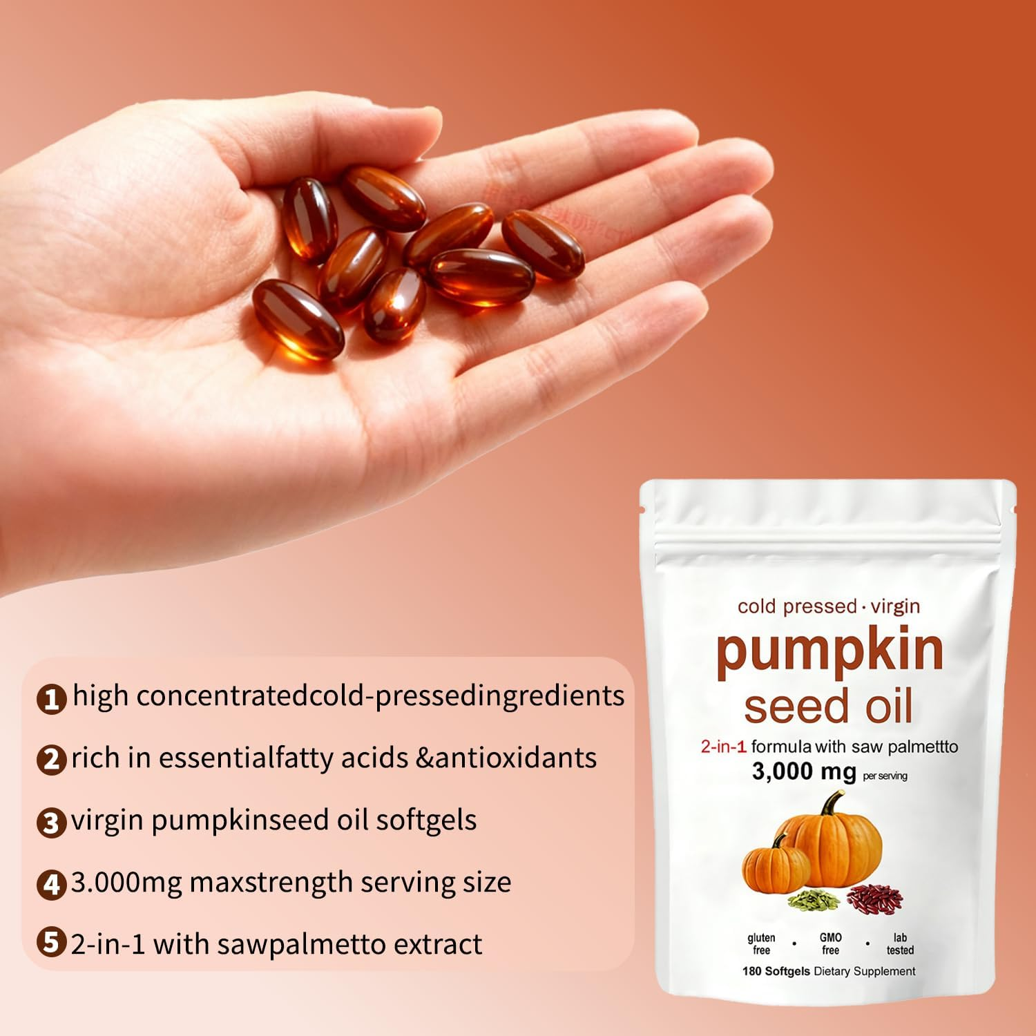 Pumpkin Seed Oil Capsules | Pumpkin Seed Oil with Saw Palmetto - Cold-Pressed | Easy-to-Swallow Softgels – Resealable Package | Non-GMO - 180 Pc/1 Bag (Z-1)