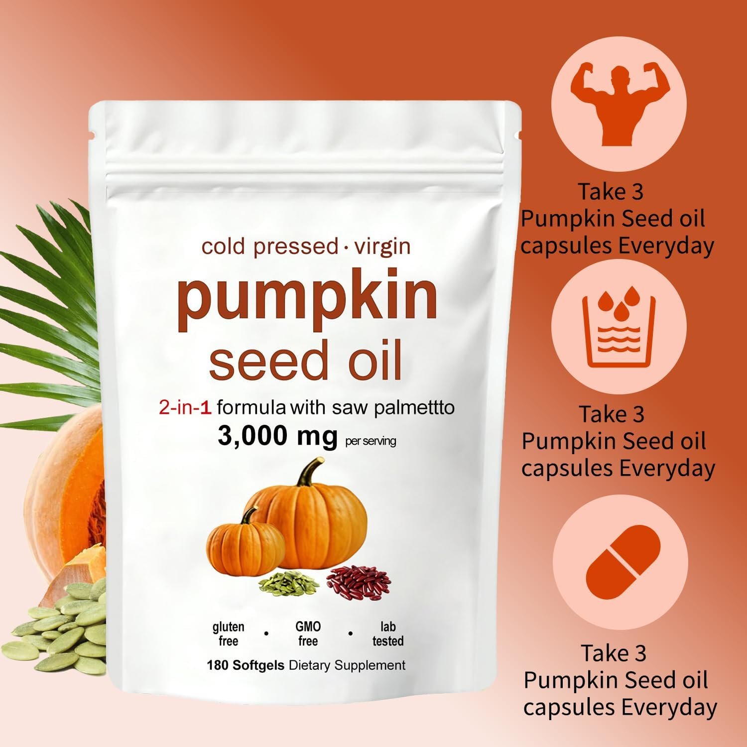 Pumpkin Seed Oil Capsules | Pumpkin Seed Oil with Saw Palmetto - Cold-Pressed | Easy-to-Swallow Softgels – Resealable Package | Non-GMO - 180 Pc/1 Bag (Z-1)