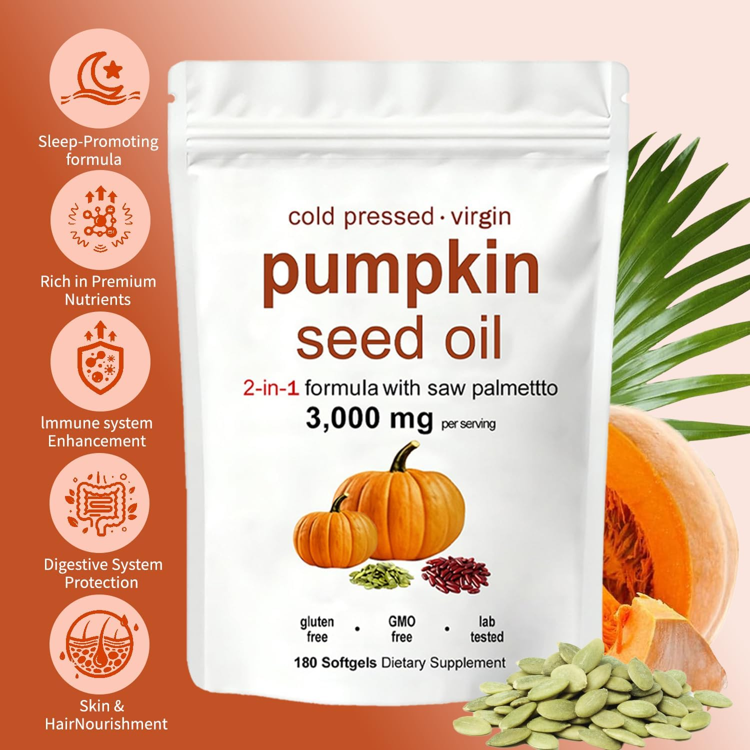 Pumpkin Seed Oil Capsules | Pumpkin Seed Oil with Saw Palmetto - Cold-Pressed | Easy-to-Swallow Softgels – Resealable Package | Non-GMO - 180 Pc/1 Bag (Z-1)