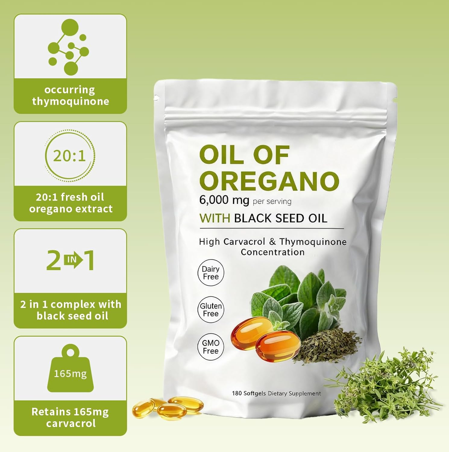 Oregano Oil Capsules - Oil of Oregano with Black Seed Oil Softgels | Non-GMO - Gluten Free - 180 Count